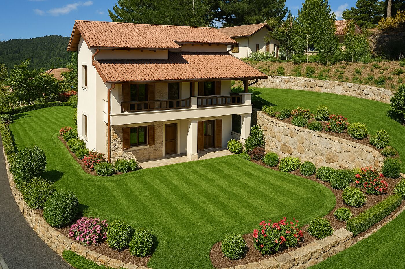 Villa a due piani con tetto in coppi, balcone in legno e giardino terrazzato con muri in pietra