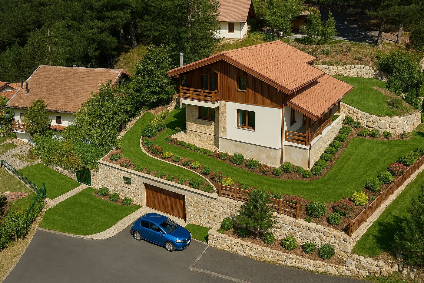Vista aerea di una villa di montagna su lotto terrazzato con muri in pietra, giardino e garage