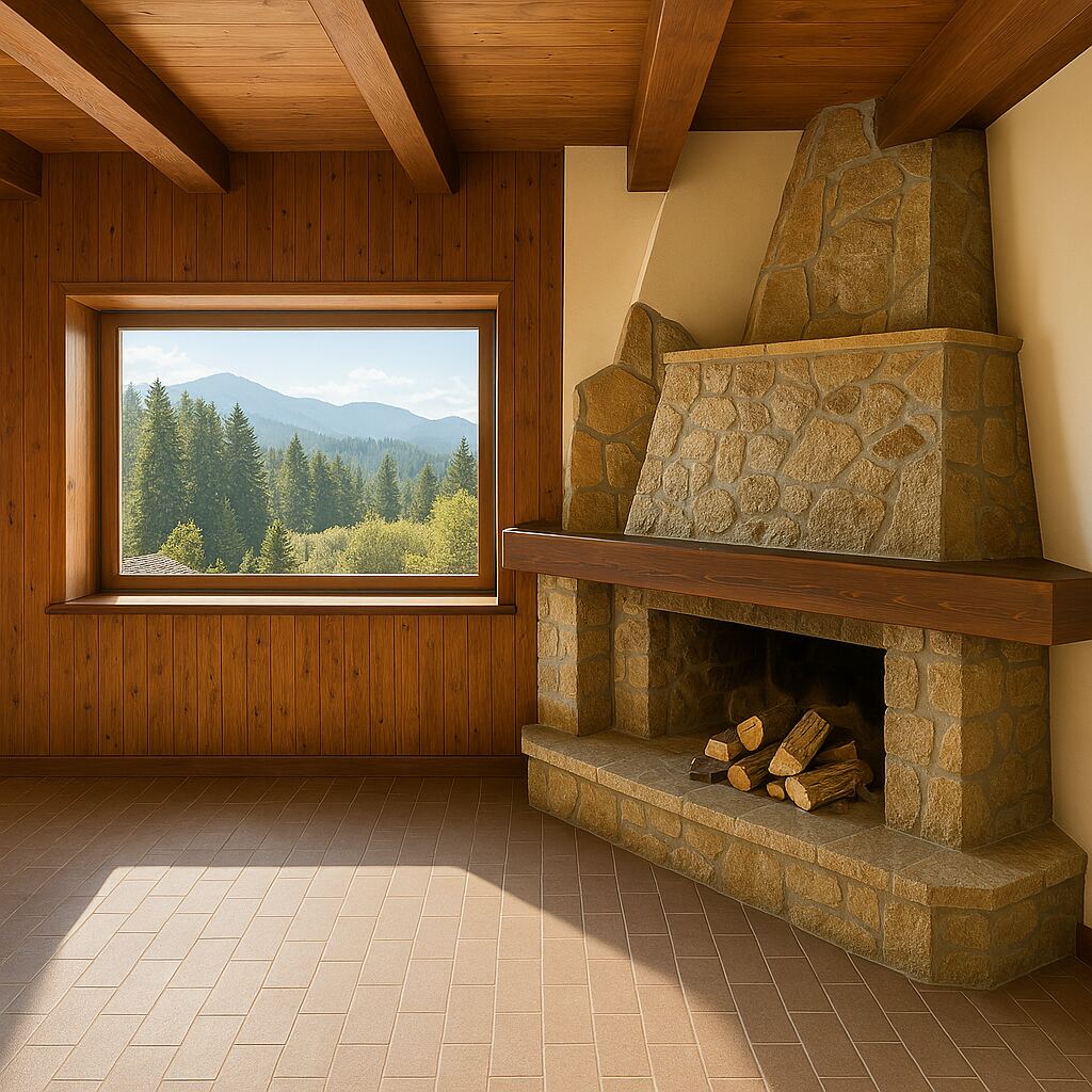 Soggiorno con camino d'angolo in pietra, pareti rivestite in legno, travi a vista e finestra sul bosco