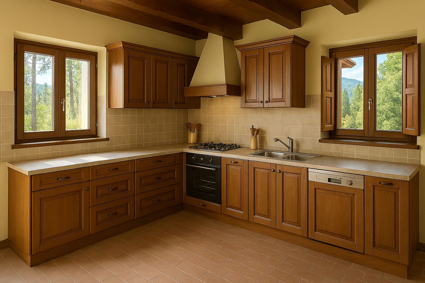 Cucina ad angolo in legno massello con cappa, piano in pietra e due finestre sul bosco