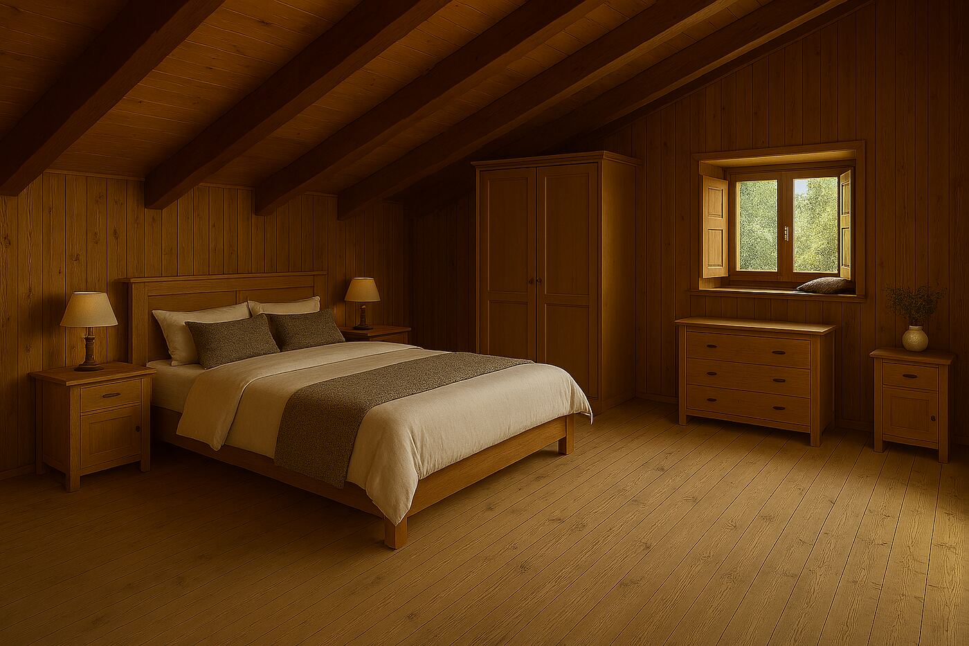 Camera da letto mansardata con travi a vista e arredi in legno