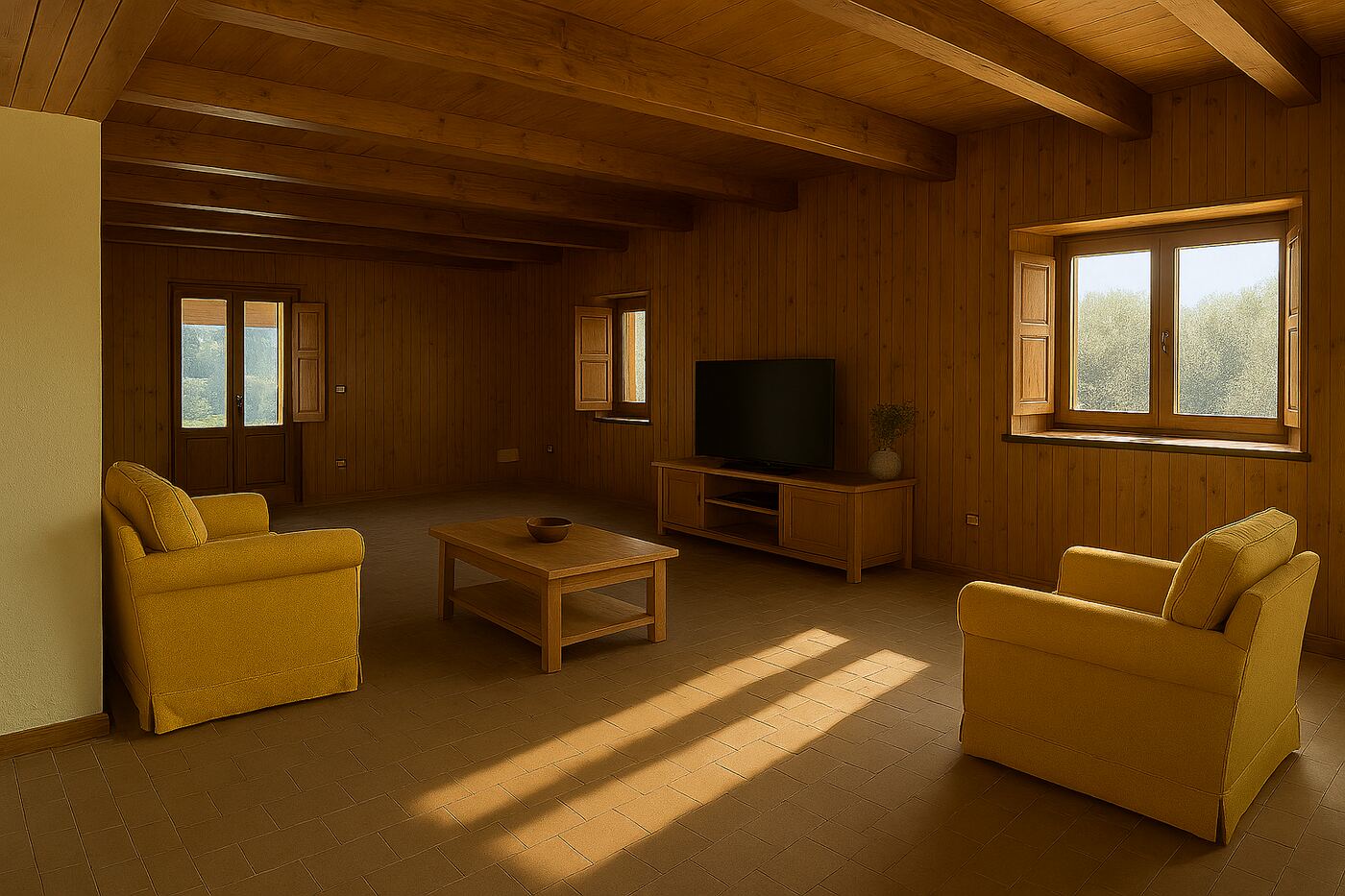 Ampio soggiorno con soffitto a travi in legno, pareti in perline e pavimento in cotto