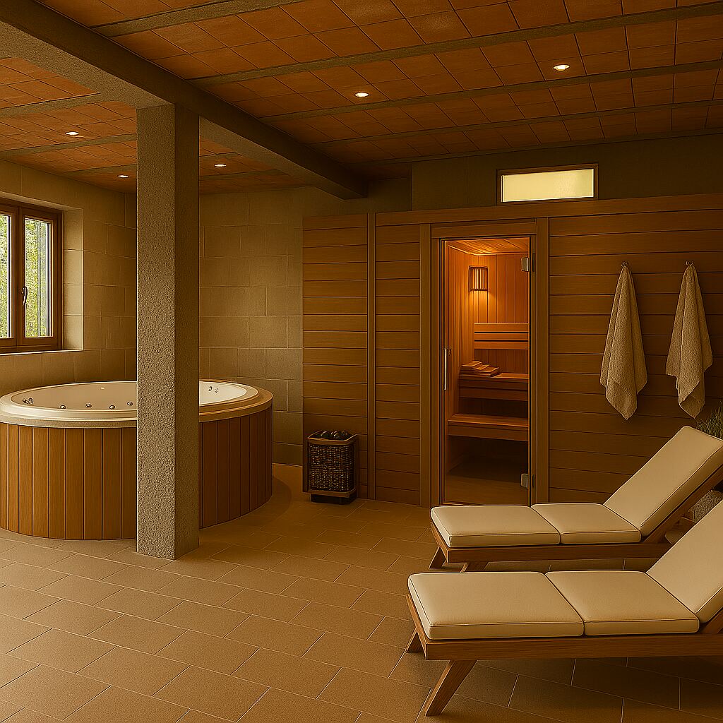 Area benessere con sauna in legno, vasca idromassaggio e lettini