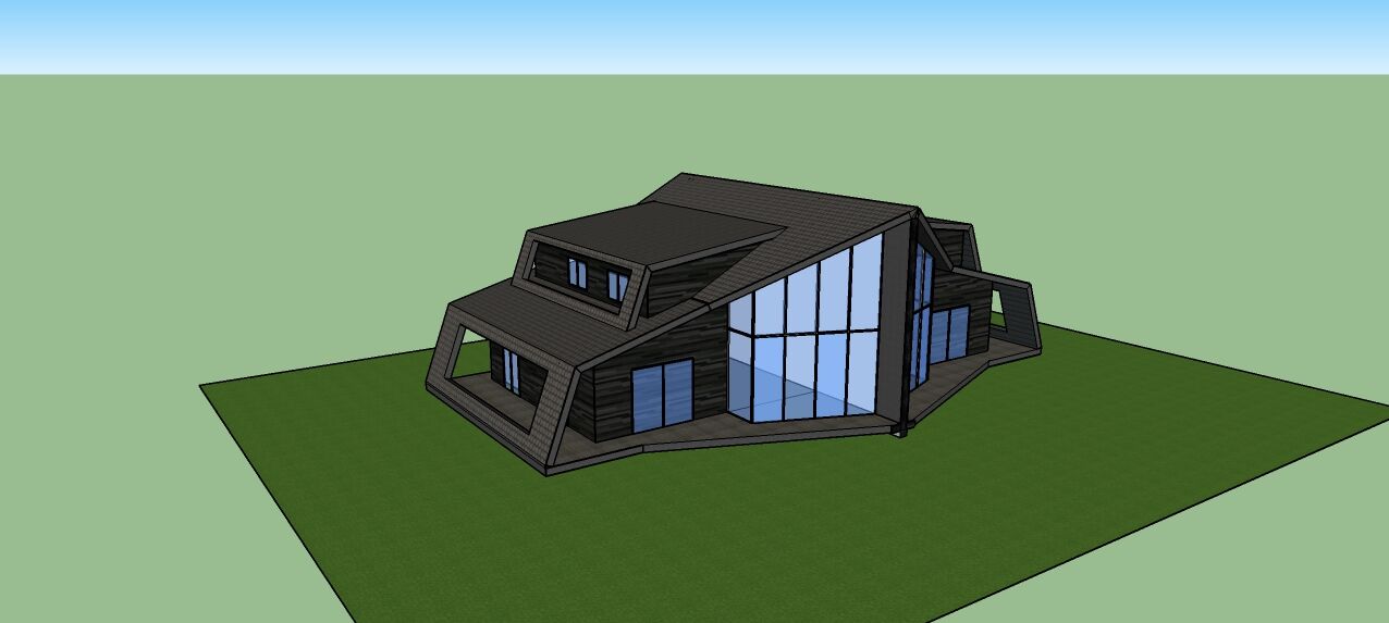 Modello 3D di una villa contemporanea con rivestimento in legno scuro, grande vetrata a tutta altezza e portico perimetrale